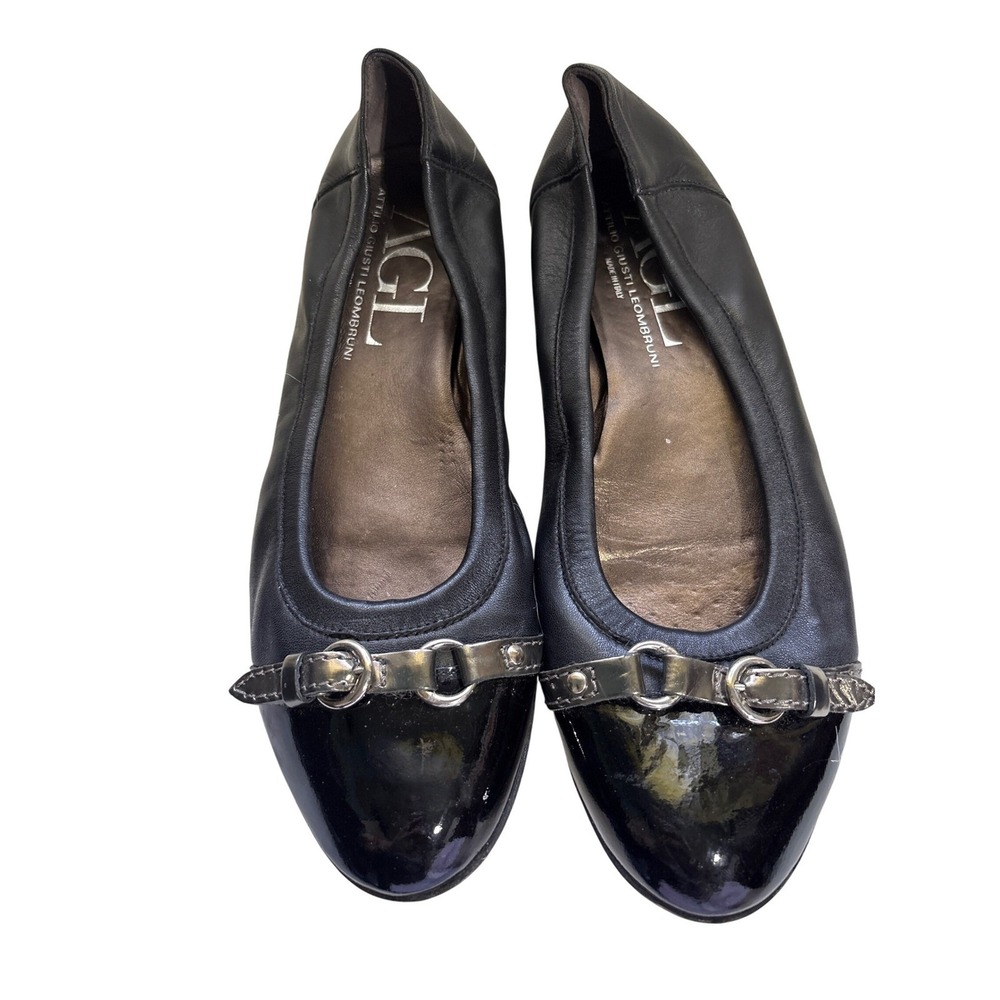 AGL Attilio Giusti Leombruni Black Leather Patent Ballet Flats Buckle Detail 8.5